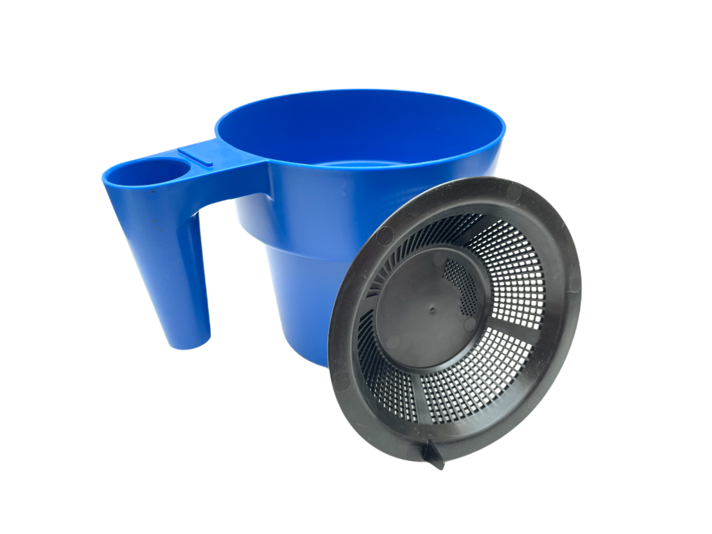 Vormelkbecher mit Siebplatte, professionelle Ausführung, blau